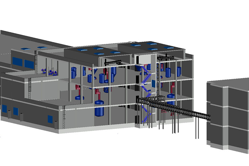 Konzeptstudie Polyesterproduktion mit Tank- und Reaktionsanlagen innerhalb eines Gebäudes inkl. Hauptrohrtrassenplanung. (Planung einer Harzproduktionsanlage für ein Greenfield-Projekt in Russland)